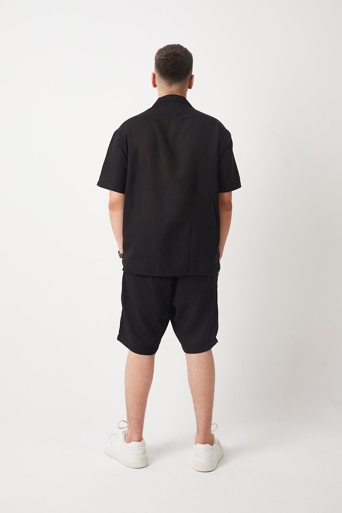 Embroidered Camp Collar Linen Shirt & Shorts Set R-4448