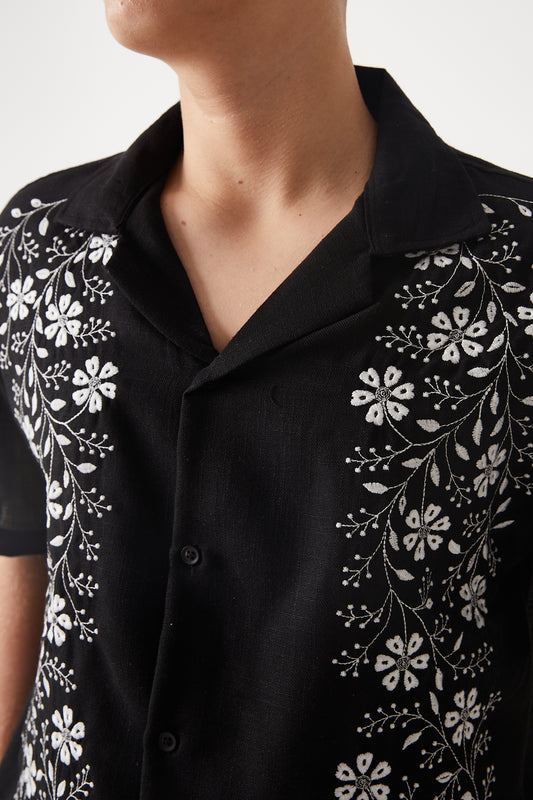 Embroidered Camp Collar Linen Shirt & Shorts Set R-4448