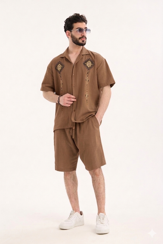 Men’s Linen Shirt & Shorts Set with Embroidery – R-4441