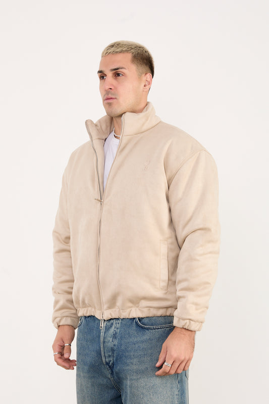 Men’s Beige Faux Leather Zip-Up Jacket – Minimal Streetwear Fit-X-2035