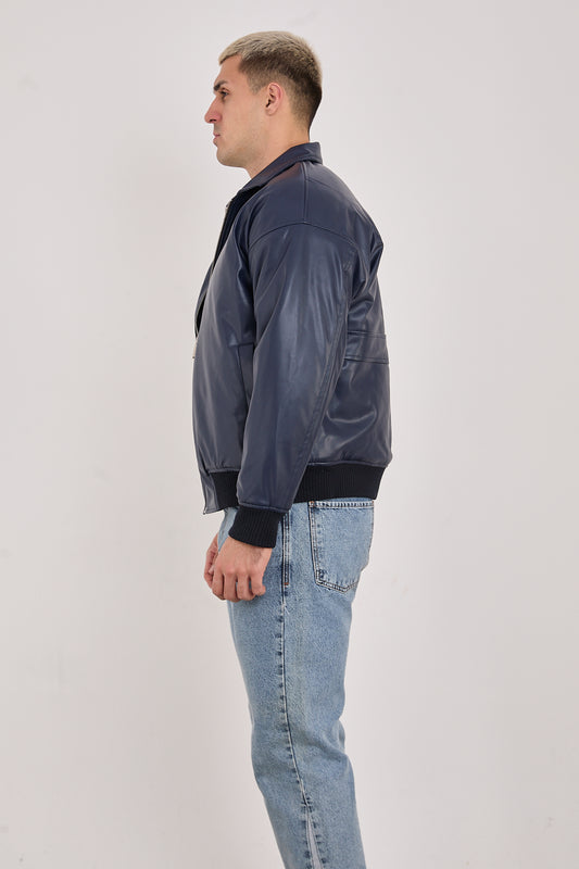 Men’s Faux Leather Minimalist Bomber Jacket Dark Navy-X2015