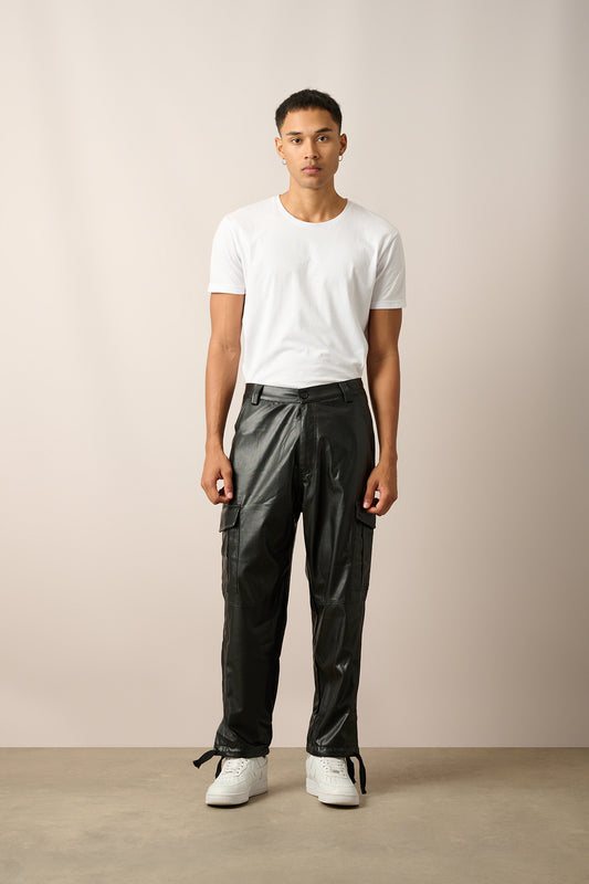 Men's Black Split-Hem Vegan Leather Cargo Pants with Double Flap Pockets, view 2