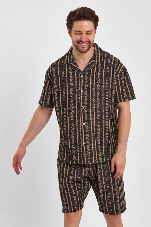 Patterned Camp Collar Shirt & Elastic Waist Shorts Set R-4324