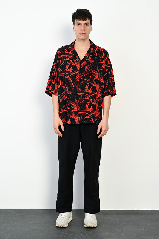 Abstract Print Camp Collar Oversized Short Sleeve Shirt R-3981