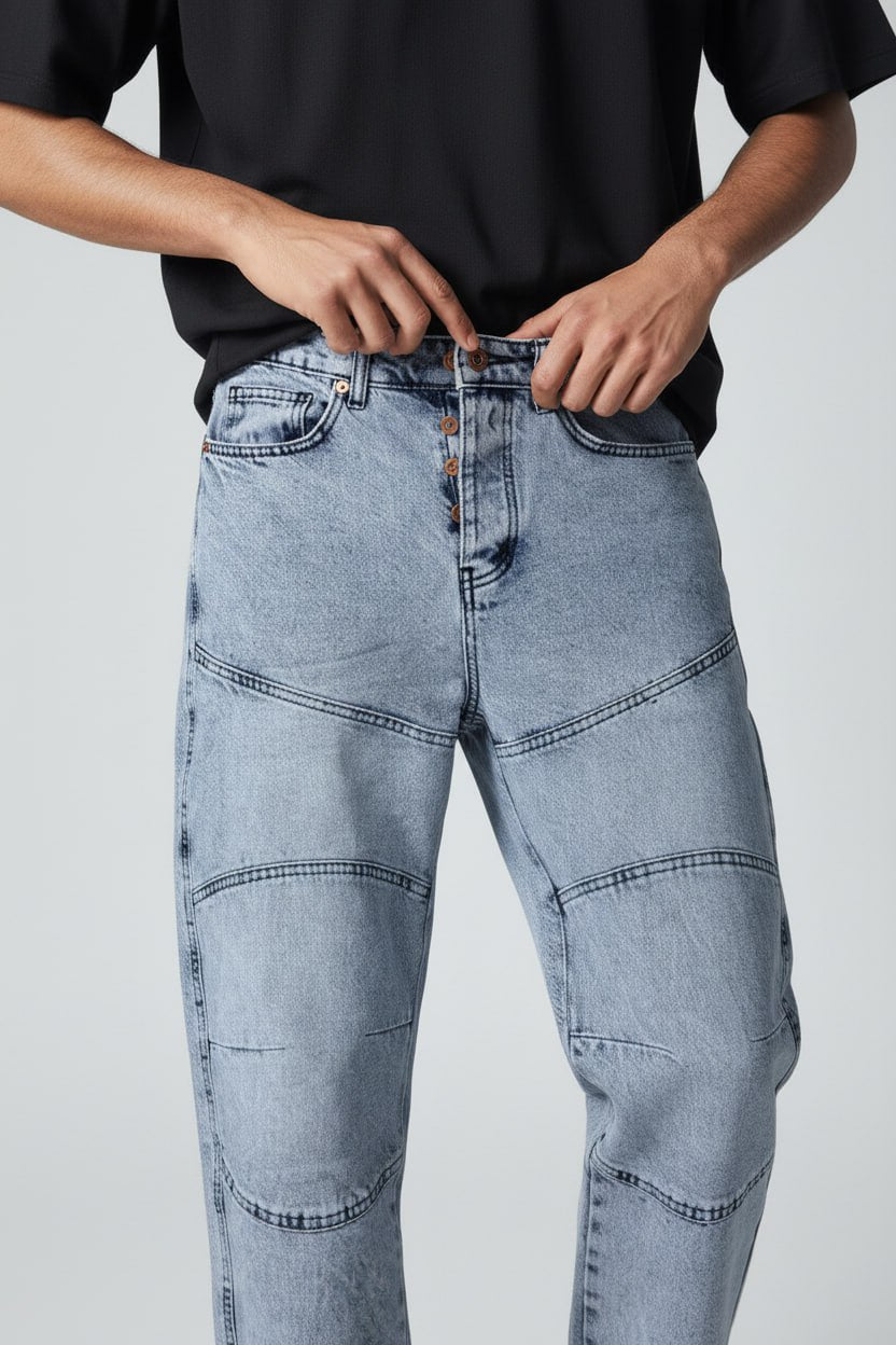 Men’s Dark Blue Panelled Jeans – Relaxed Fit Streetwear | T-3141