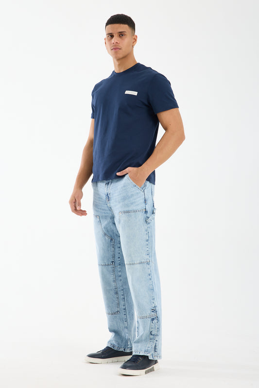 Washed Light Blue Wide Leg Denim Jeans for Men T-335