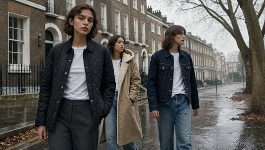 Three people in autumn layering on a wet London street