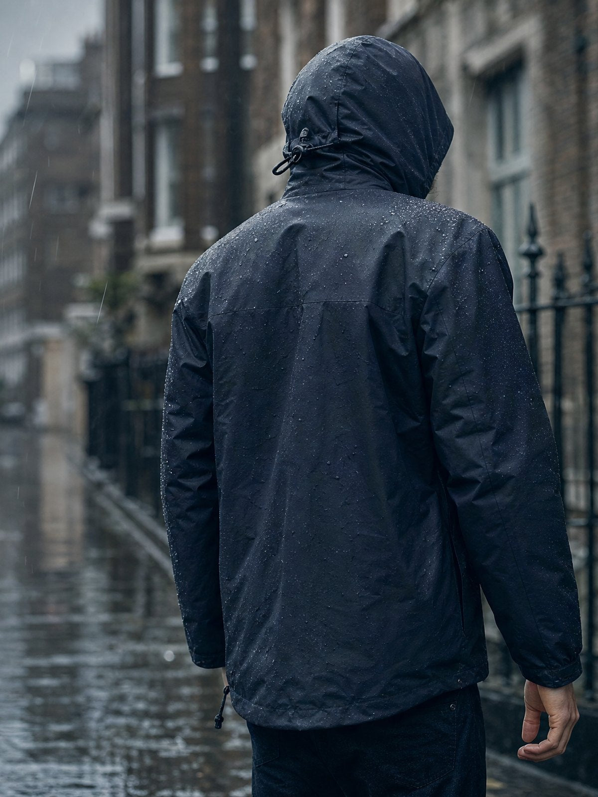 Man in a ROCQERX hooded rain jacket on a wet city pavement
