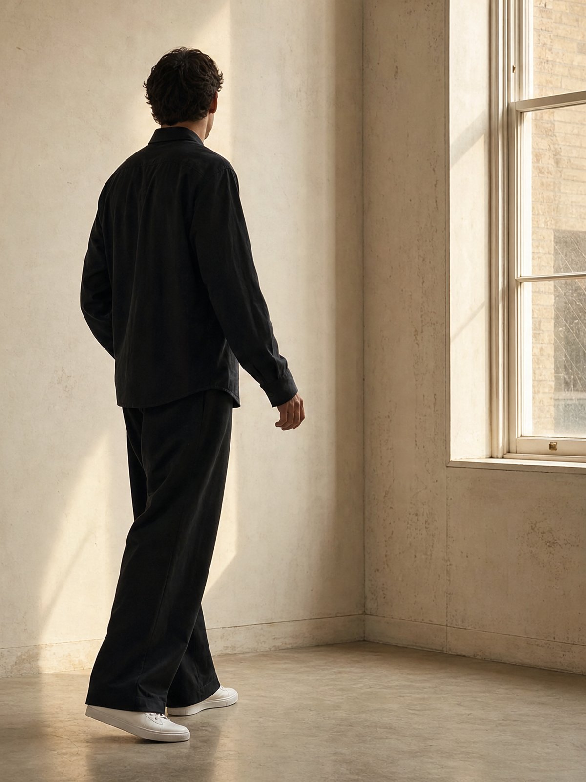 Man in a matching black ROCQERX shirt and trousers set in a minimal interior