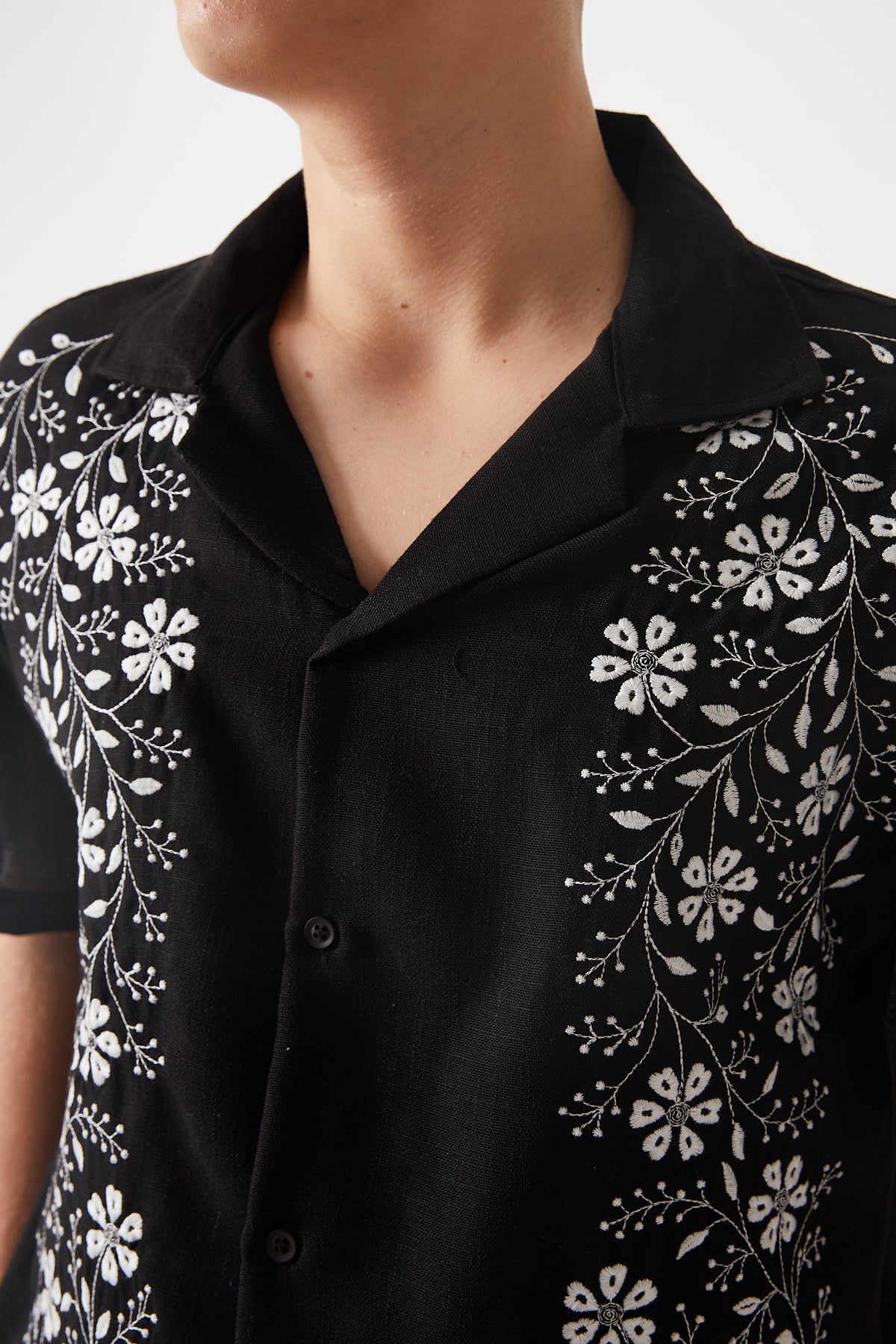 Embroidered Camp Collar Linen Shirt & Shorts Set R-4448