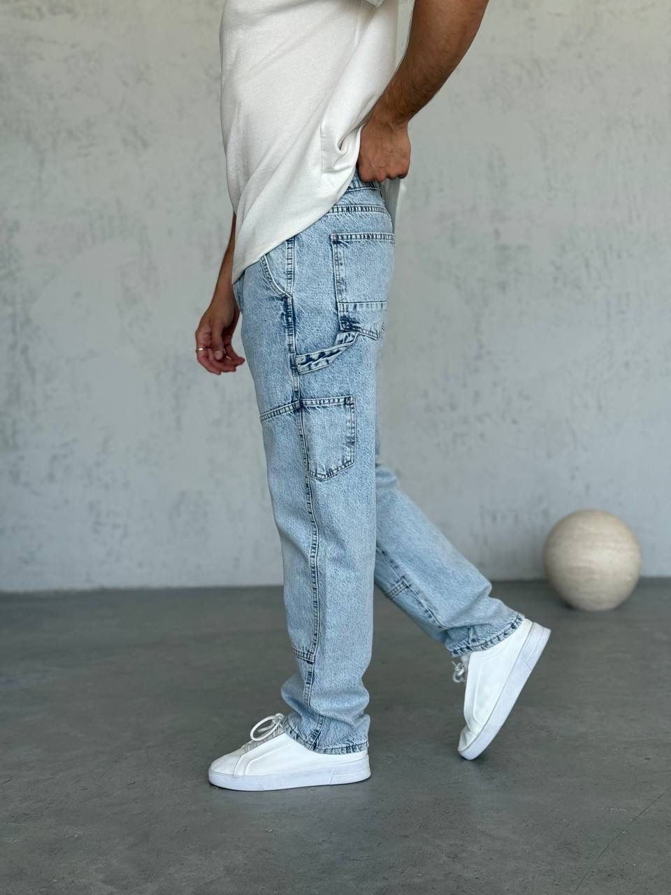Men’s Light Blue Jeans – Relaxed Fit Cargo Style Casual Denim Trousers-T-2949-4