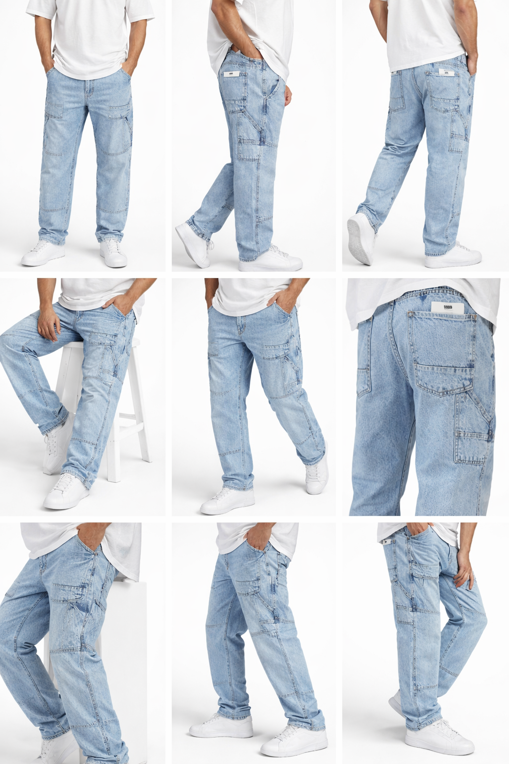 Men’s Light Blue Jeans – Relaxed Fit Cargo Style Casual Denim Trousers-T-2949-4