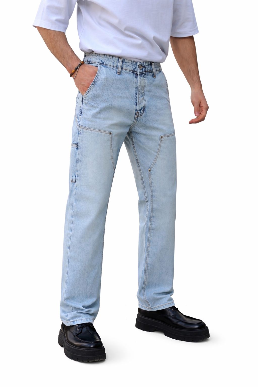 Men's Light Blue Utility Denim Jeans with Carpenter Pocket Details-3134
