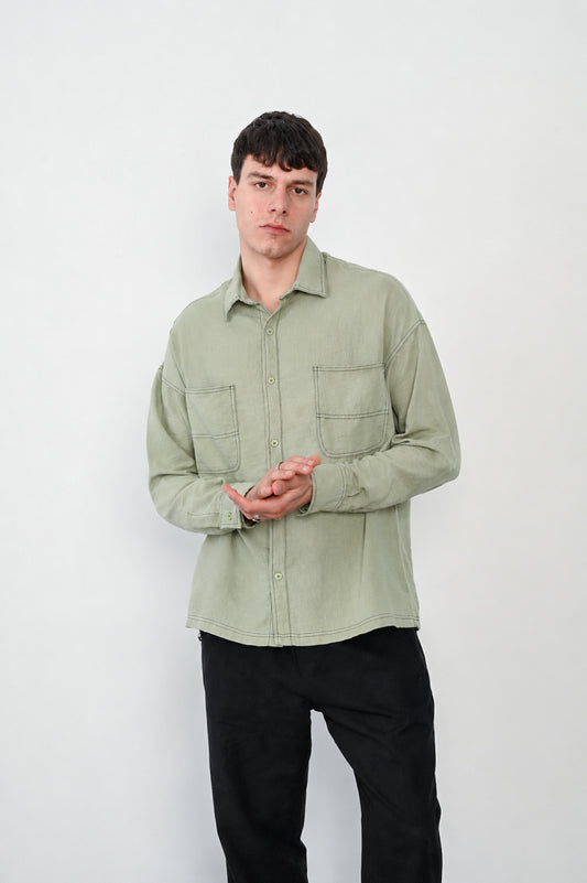 Dual-Pocket Long-Sleeve Stand Collar Shirt R-3965