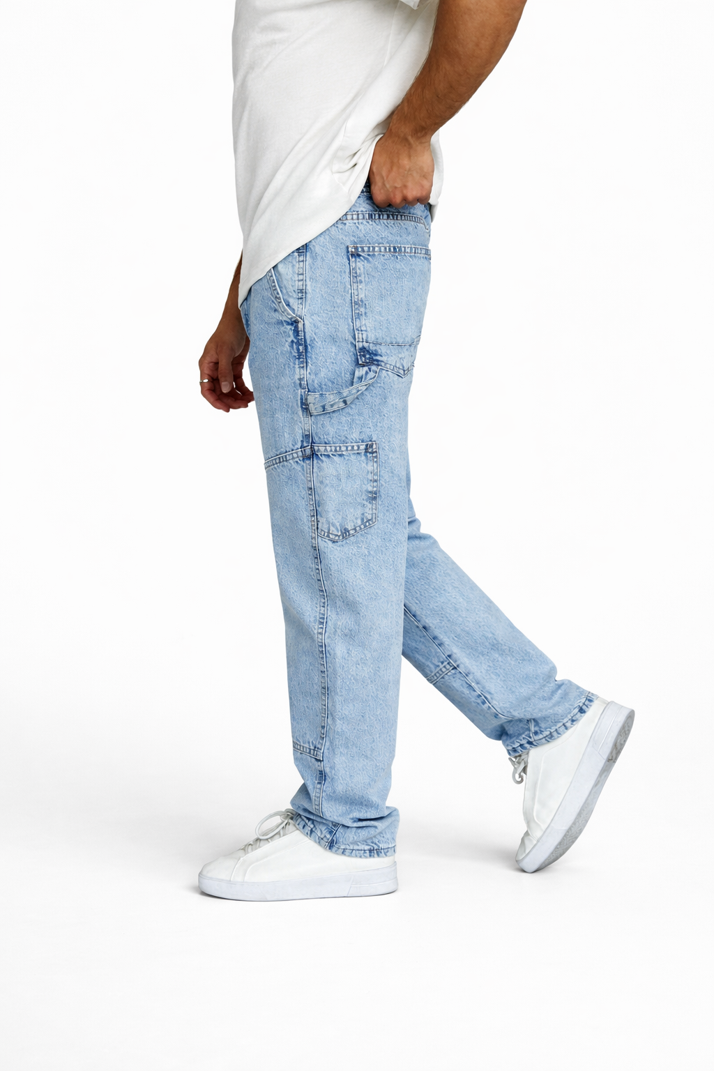 Men’s Light Blue Jeans – Relaxed Fit Cargo Style Casual Denim Trousers-T-2949-4