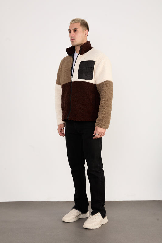 Men’s Colorblock Sherpa Fleece Jacket – Full Zip, Soft Plush | X-2041
