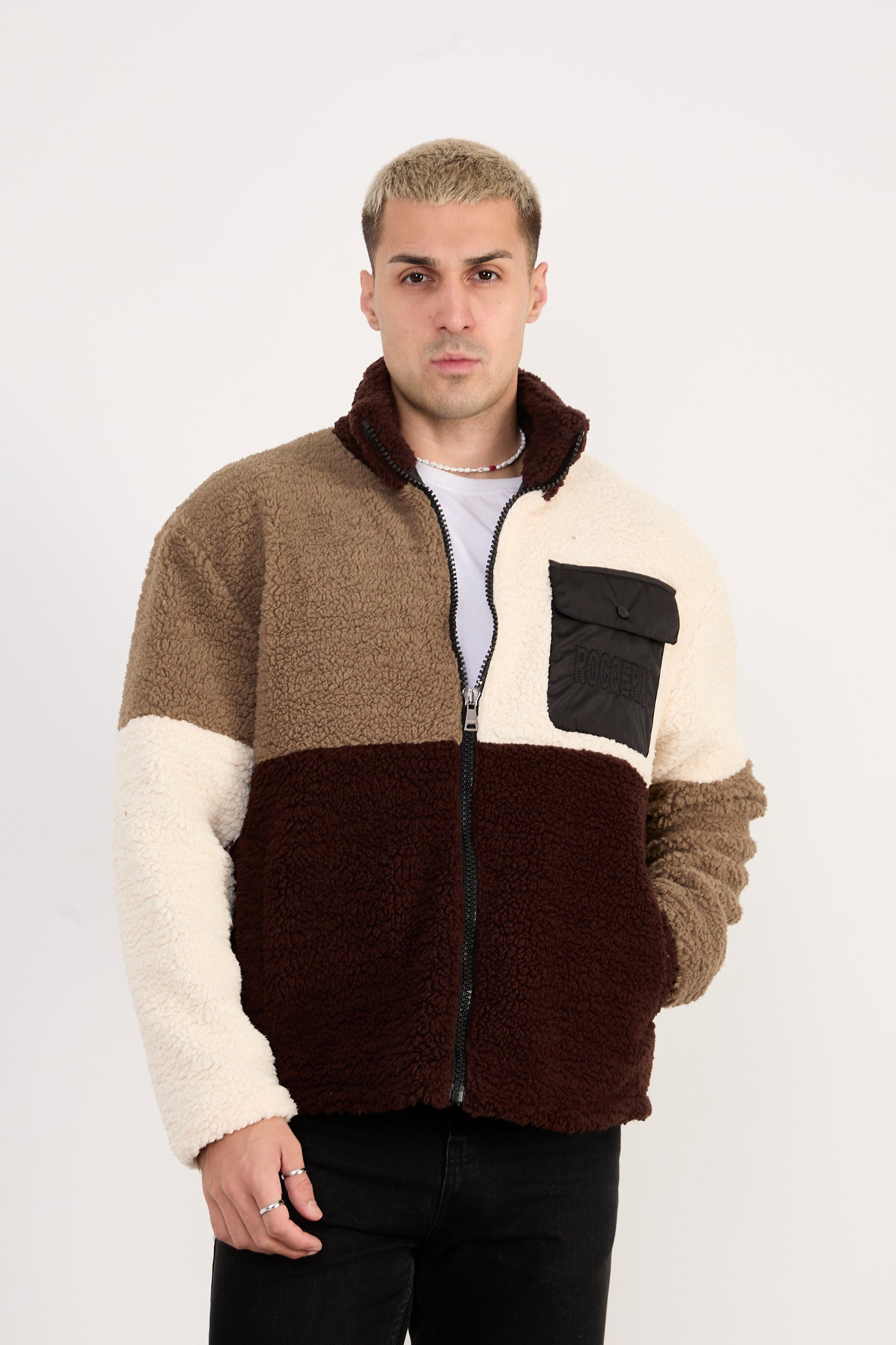 Men’s Colorblock Sherpa Fleece Jacket – Full Zip, Soft Plush | X-2041