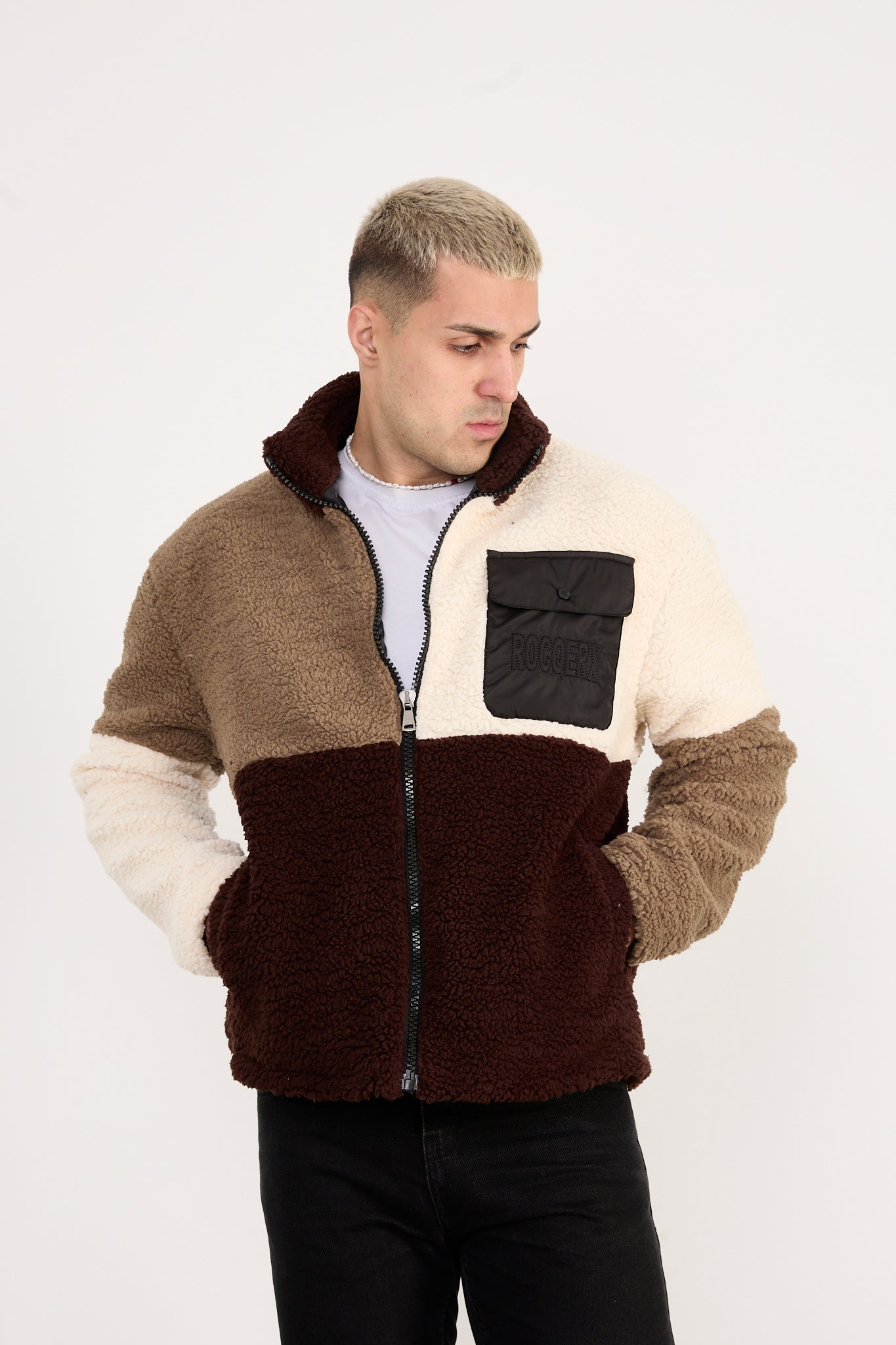 Men’s Colorblock Sherpa Fleece Jacket – Full Zip, Soft Plush | X-2041