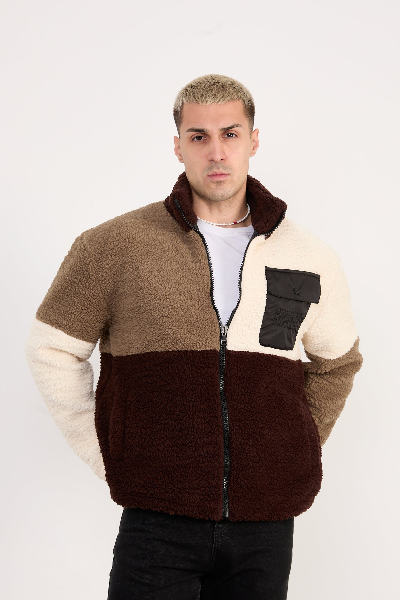 Men’s Colorblock Sherpa Fleece Jacket – Full Zip, Soft Plush | X-2041