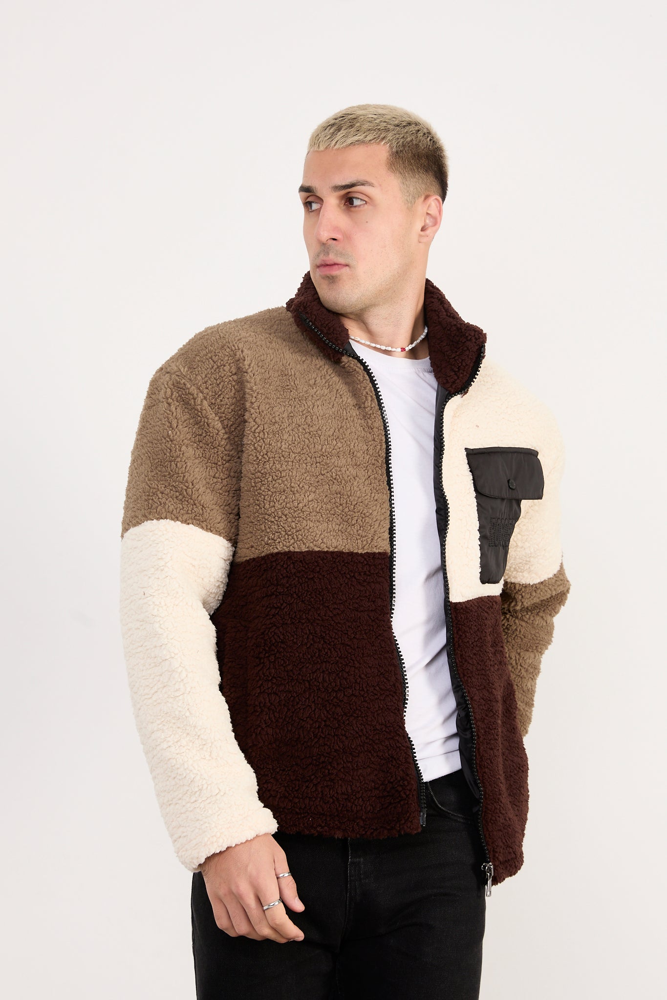 Men’s Colorblock Sherpa Fleece Jacket – Full Zip, Soft Plush | X-2041