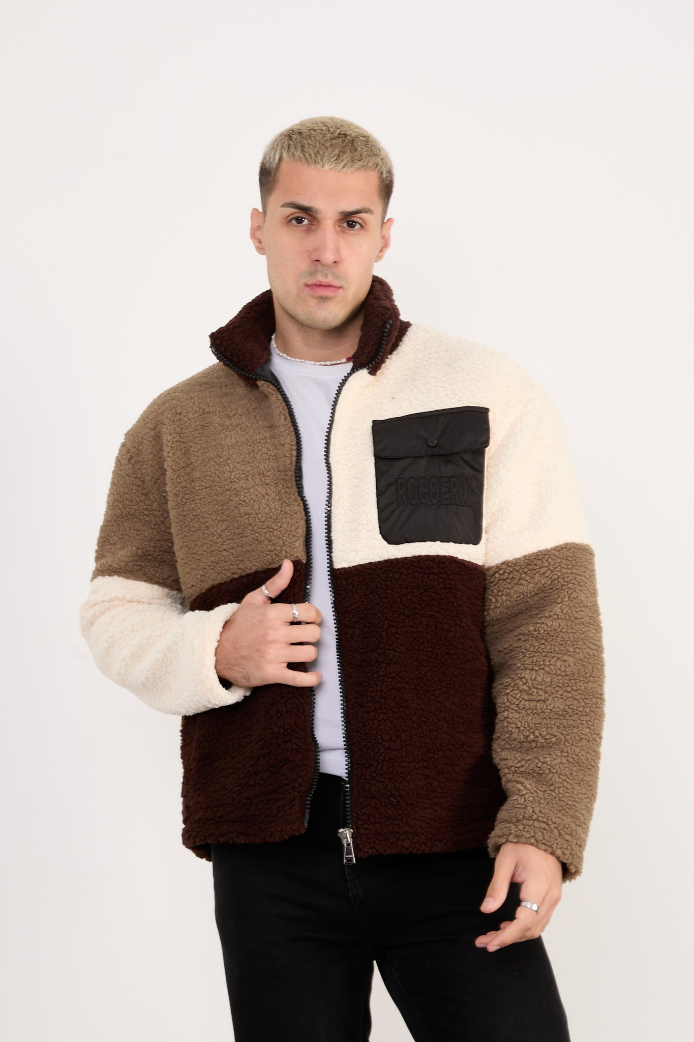 Men’s Colorblock Sherpa Fleece Jacket – Full Zip, Soft Plush | X-2041