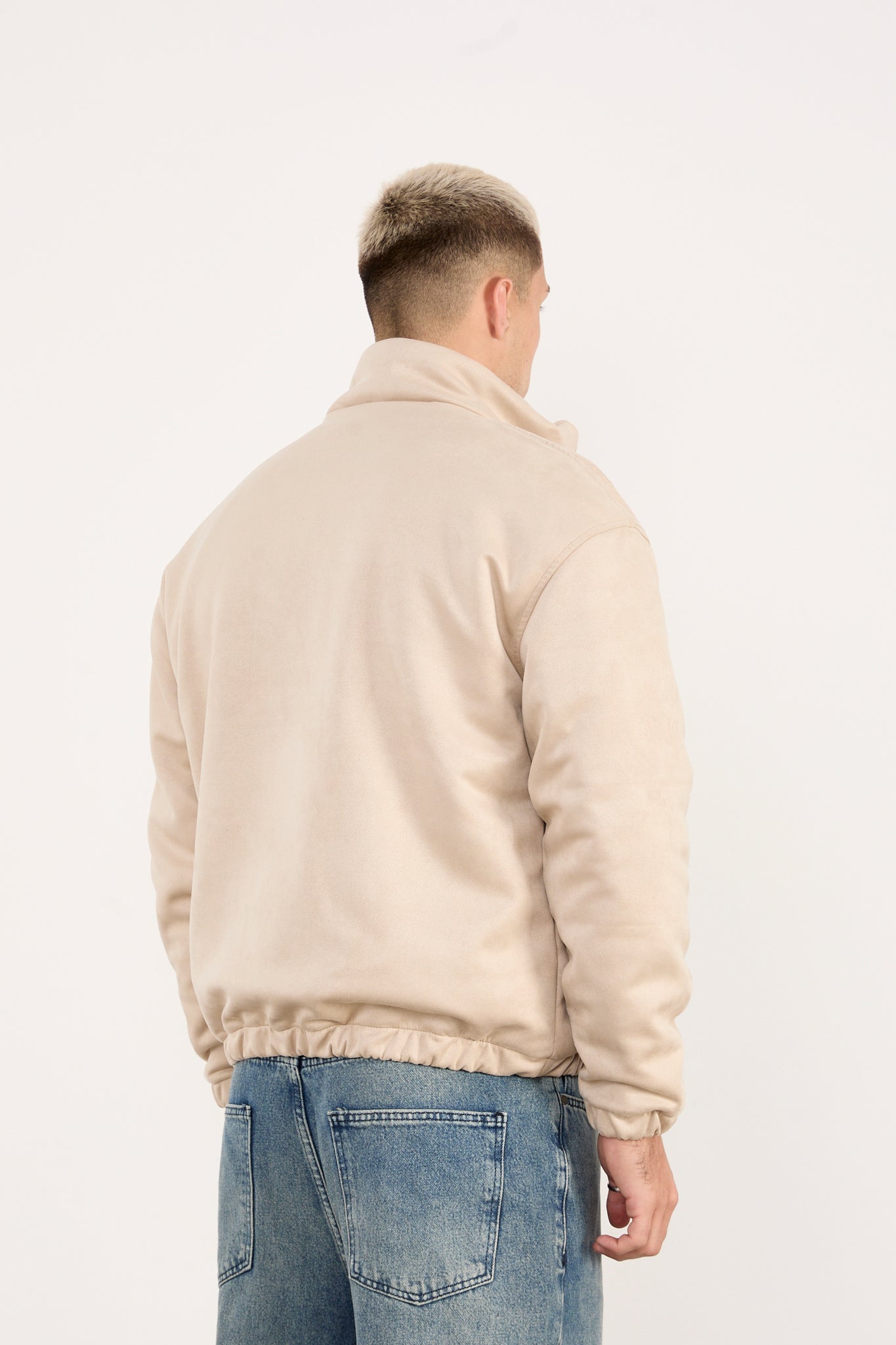 Men’s Beige Faux Leather Zip-Up Jacket – Minimal Streetwear Fit-X-2035