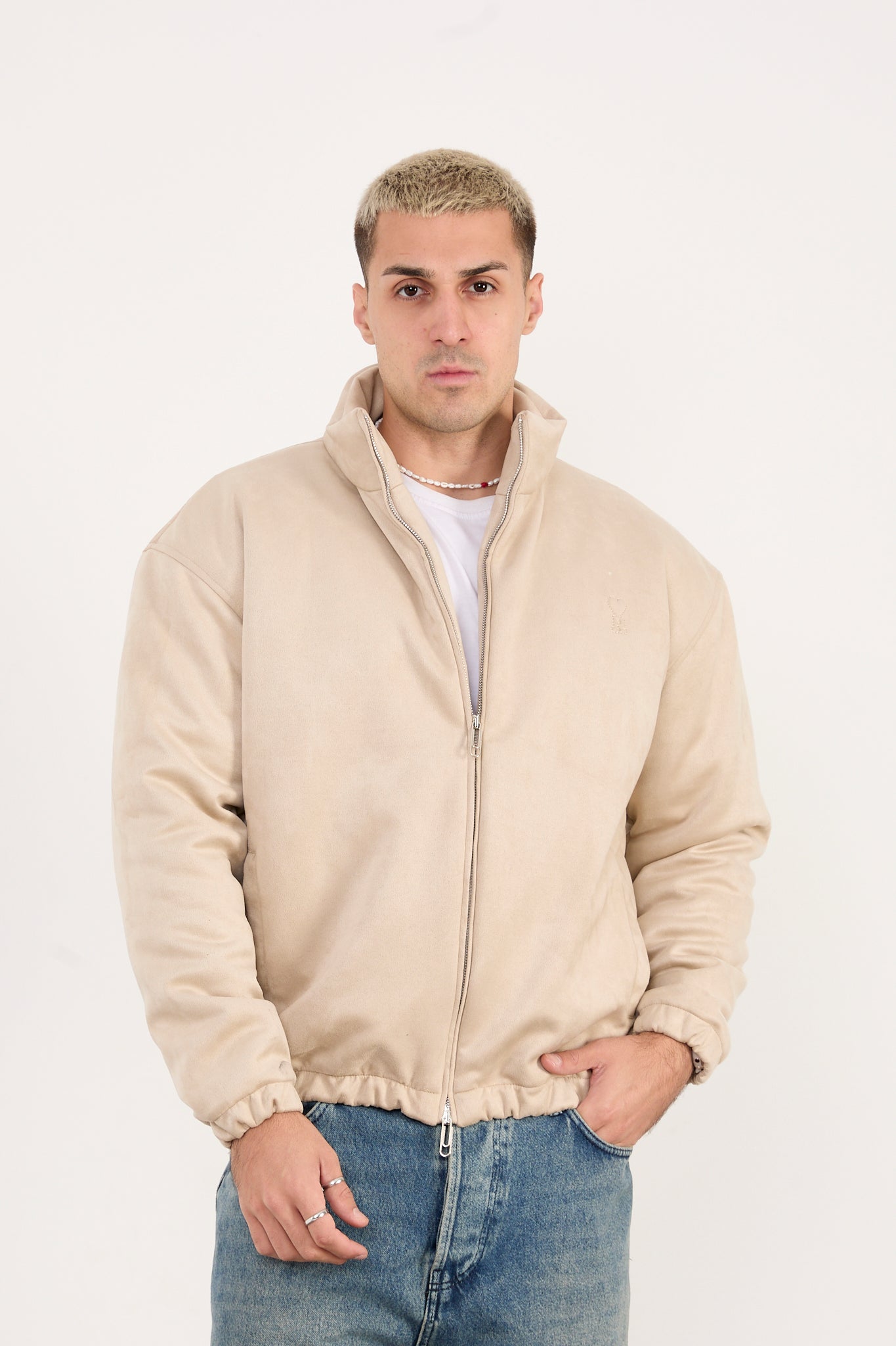 Men’s Beige Faux Leather Zip-Up Jacket – Minimal Streetwear Fit-X-2035
