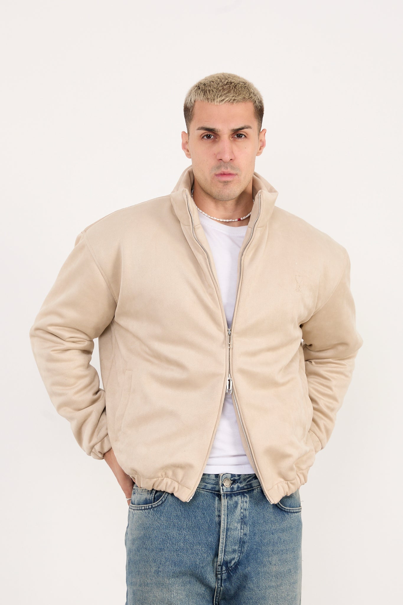 Men’s Beige Faux Leather Zip-Up Jacket – Minimal Streetwear Fit-X-2035
