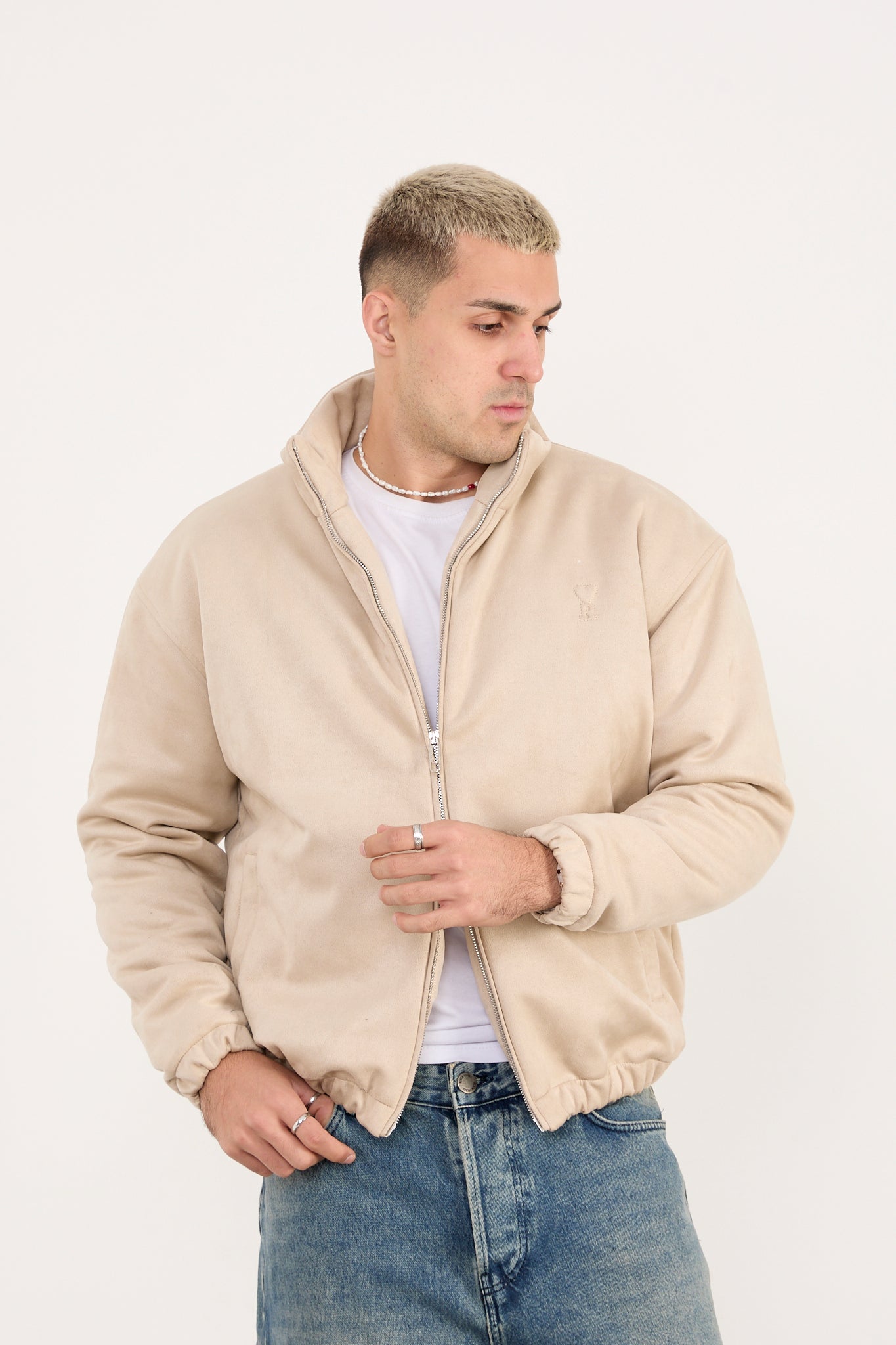 Men’s Beige Faux Leather Zip-Up Jacket – Minimal Streetwear Fit-X-2035