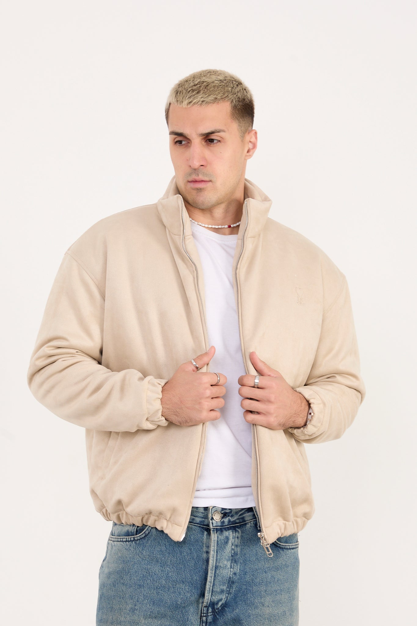 Men’s Beige Faux Leather Zip-Up Jacket – Minimal Streetwear Fit-X-2035