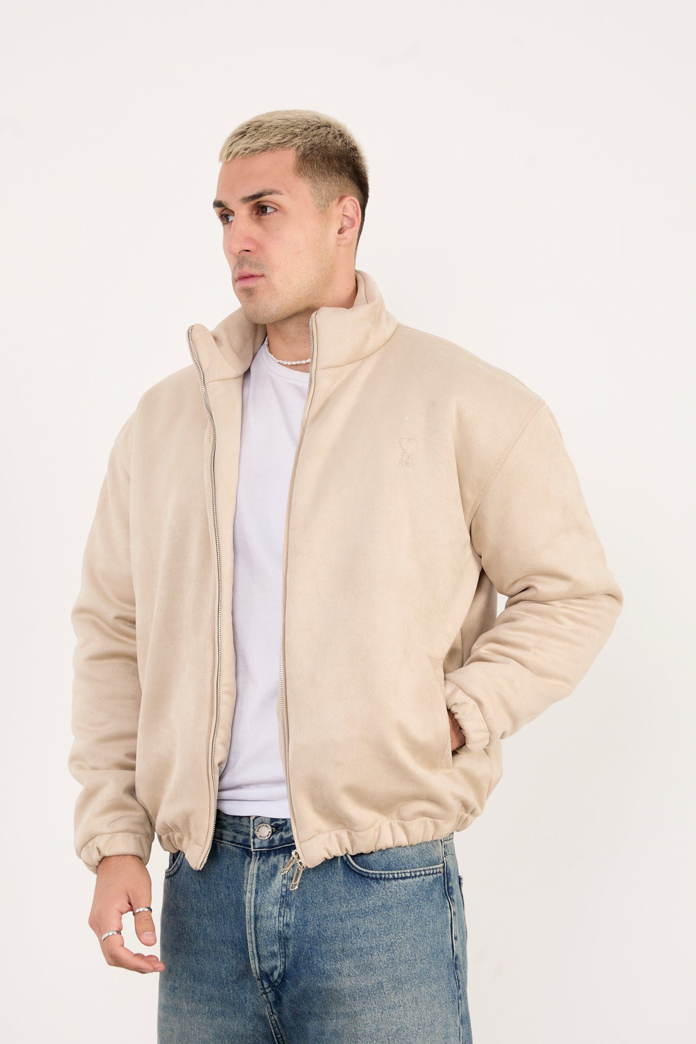 Men’s Beige Faux Leather Zip-Up Jacket – Minimal Streetwear Fit-X-2035