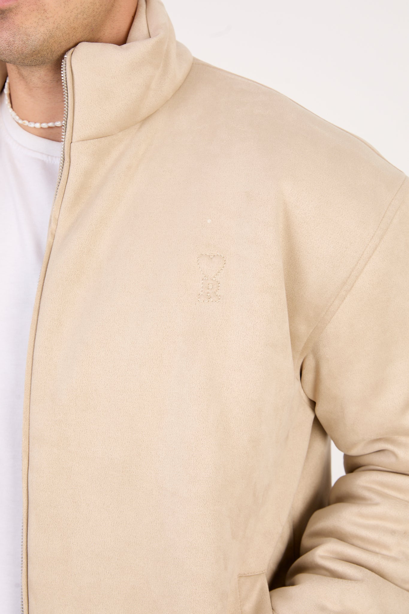 Men’s Beige Faux Leather Zip-Up Jacket – Minimal Streetwear Fit-X-2035