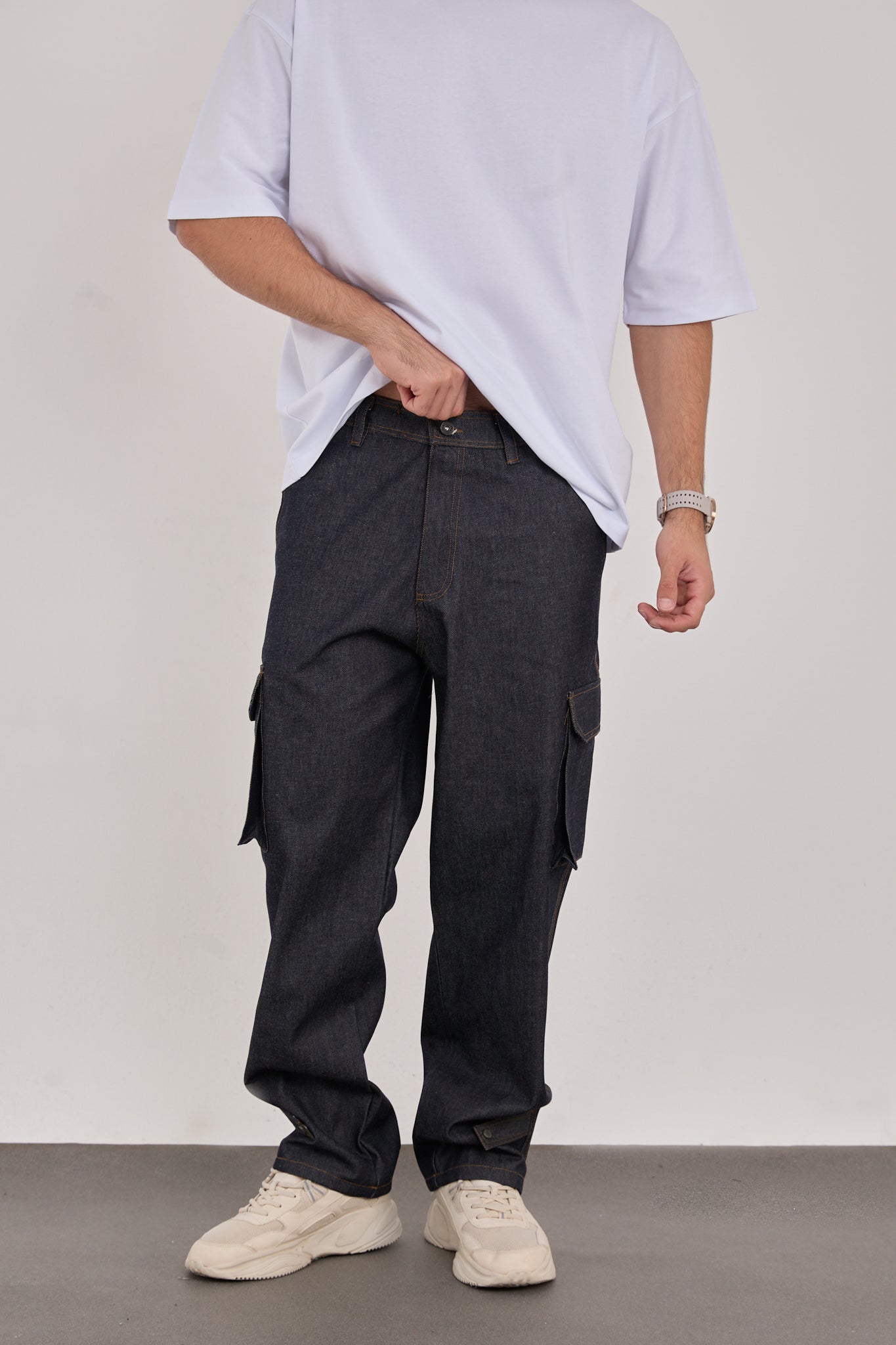 Men’s Blue Denim Cargo Pants – 100% Cotton, Relaxed Fit-X-1007