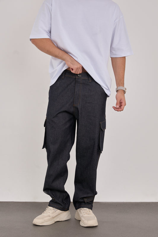 ROCQERX Men's Blue Denim Cargo Pants with multiple pockets, Relaxed Fit for everyday streetwear