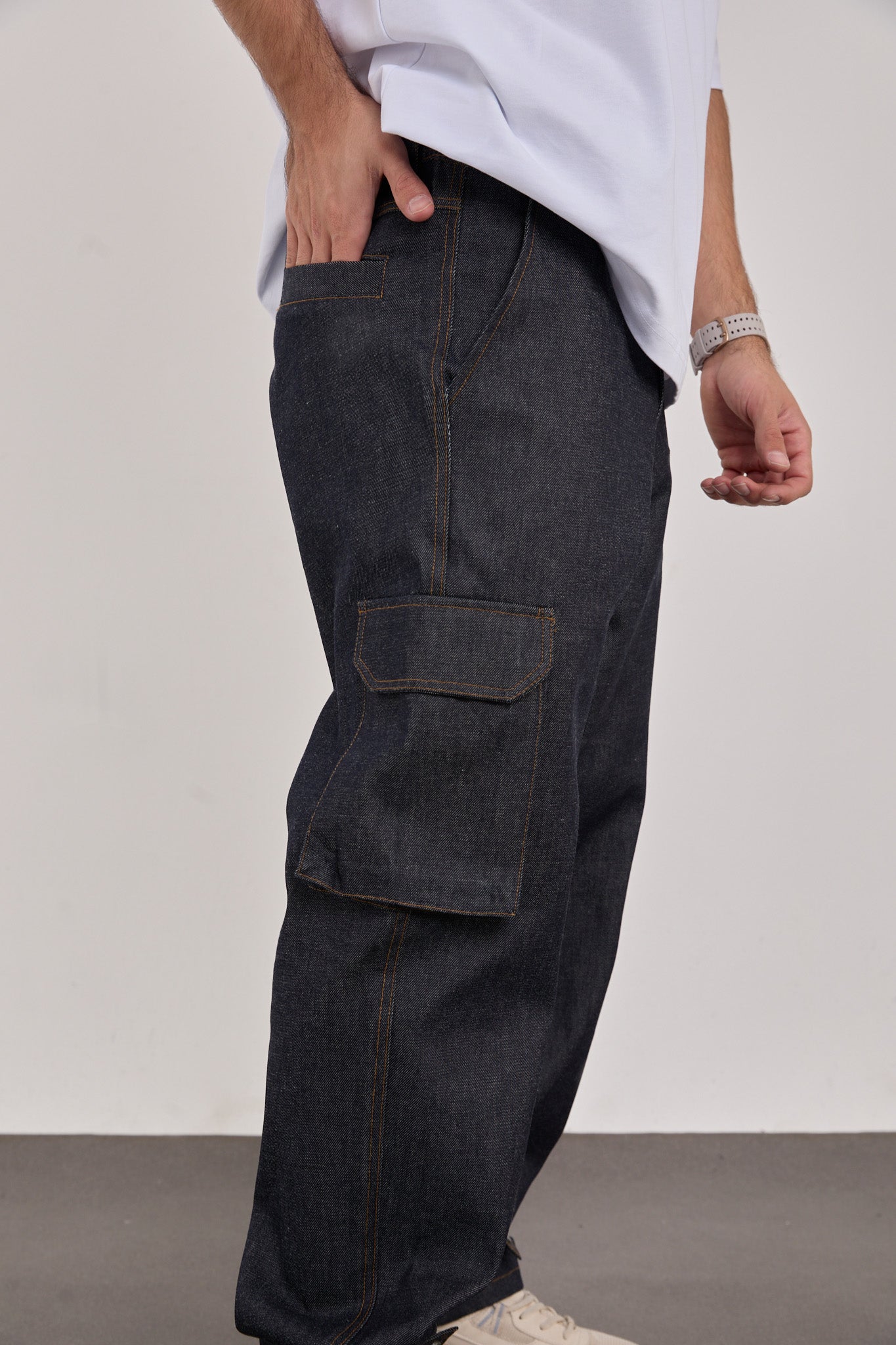 Men’s Blue Denim Cargo Pants – 100% Cotton, Relaxed Fit-X-1007