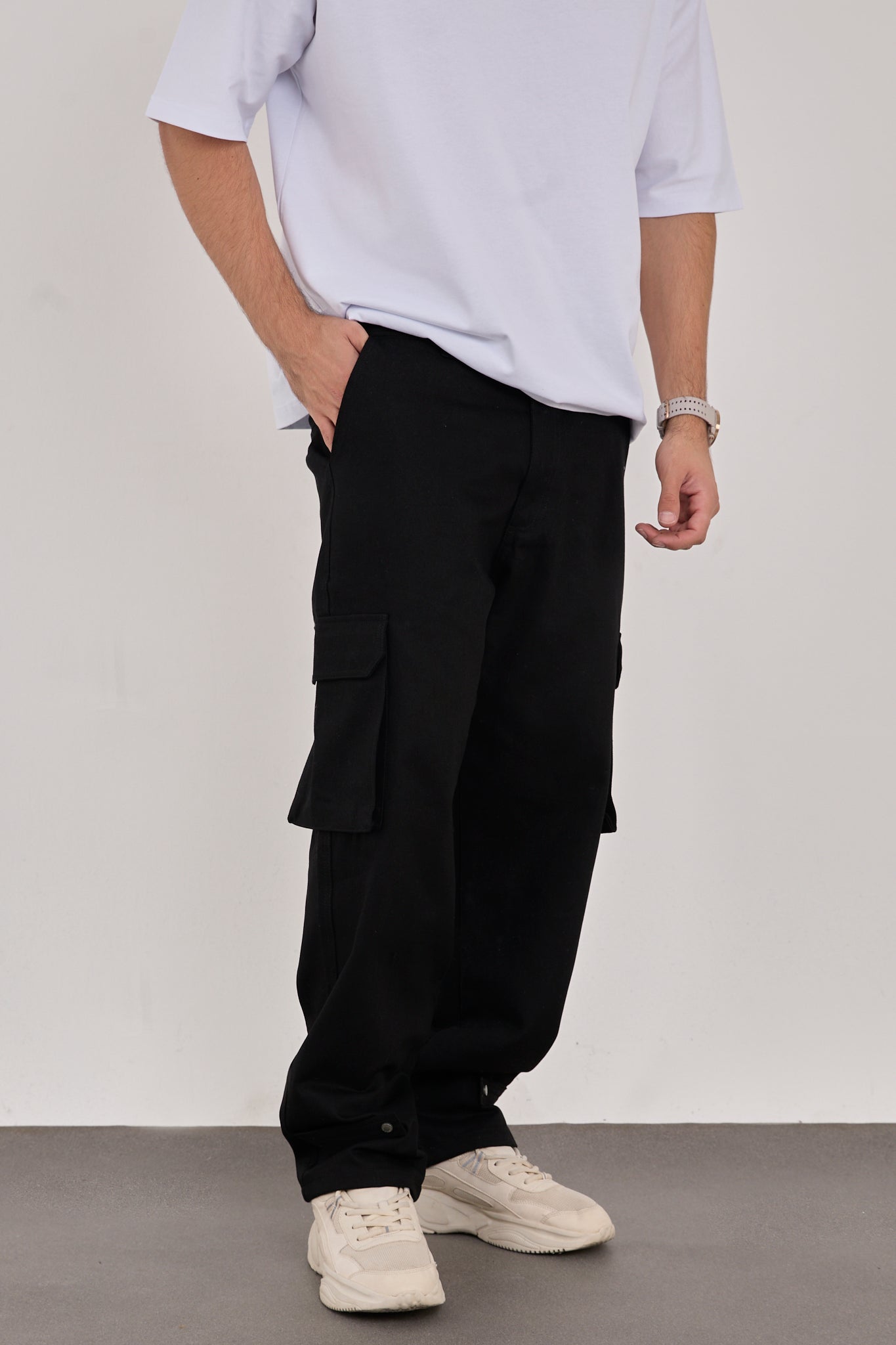 Men’s Black Denim Cargo Pants – 100% Cotton, Relaxed Fit-X-1007