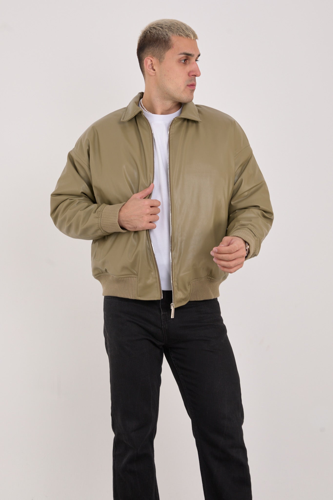 Men’s Bomber Jacket – Vegan Leather Detail, Zip Front, Ribbed Hem X-2015
