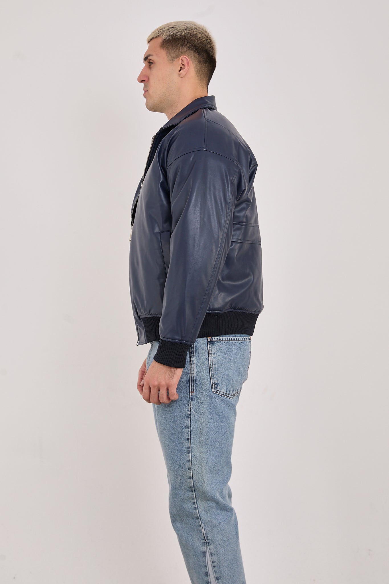 Men’s Faux Leather Minimalist Bomber Jacket  Dark Navy-X2015