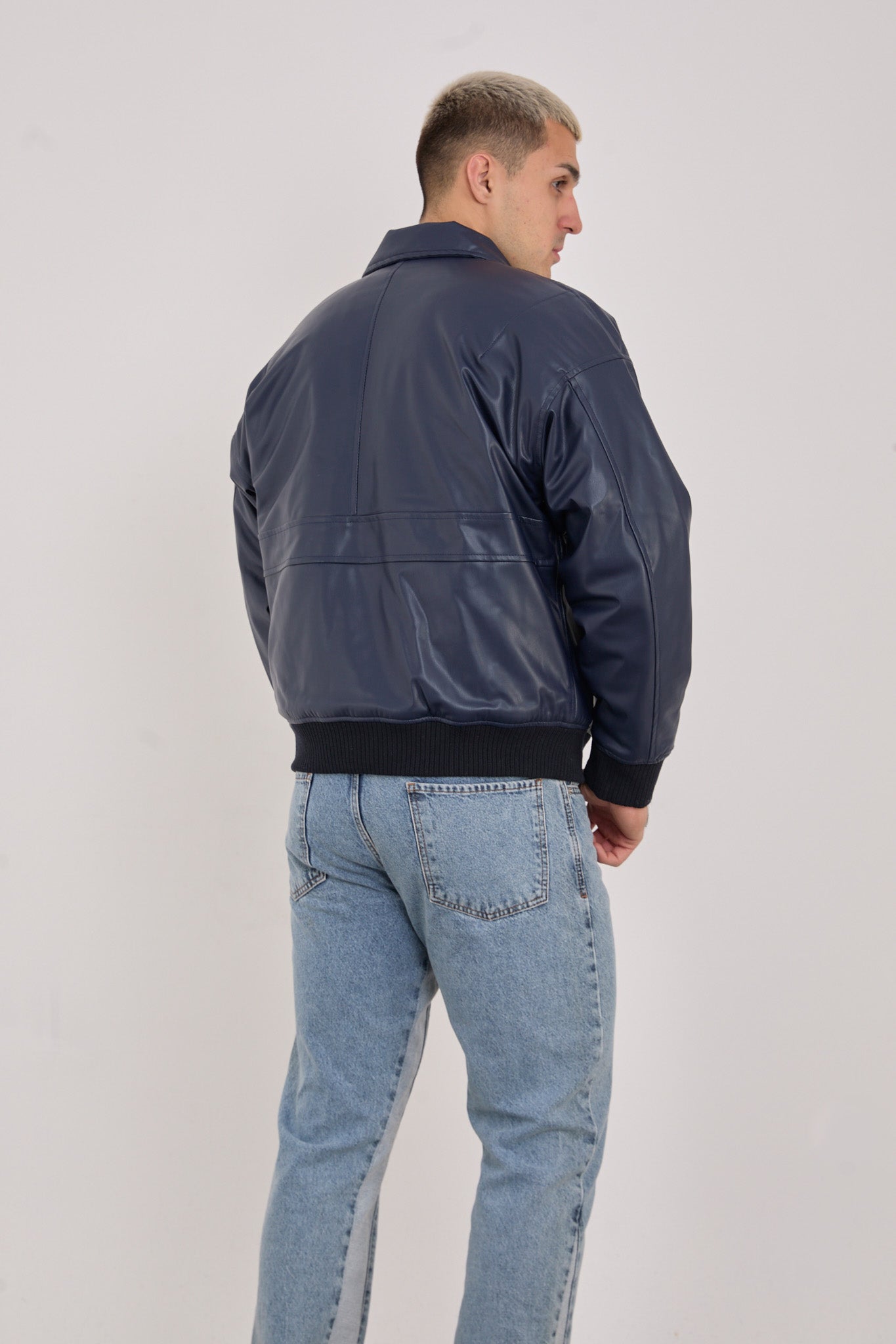 Men’s Faux Leather Minimalist Bomber Jacket  Dark Navy-X2015