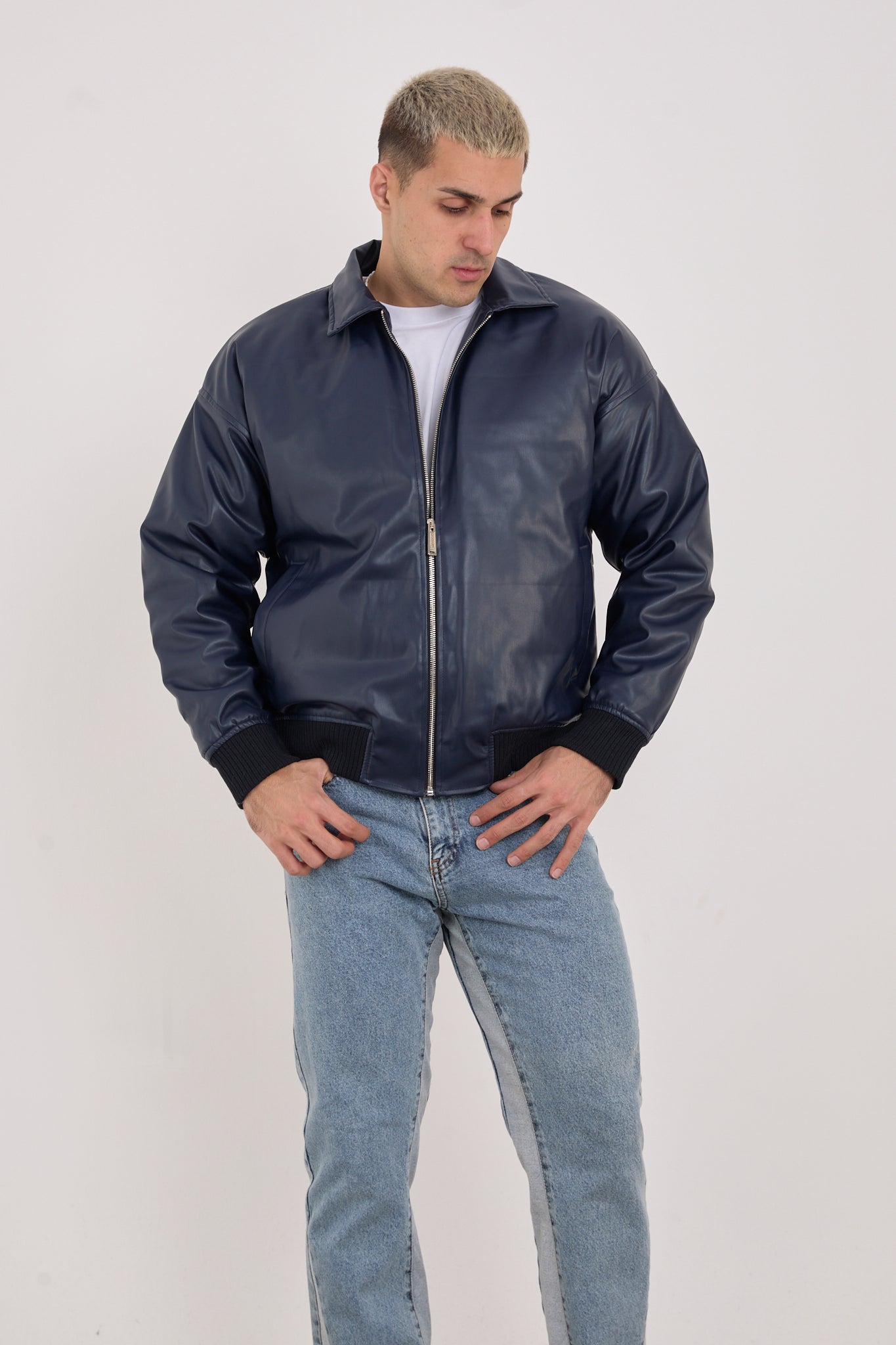 Men’s Faux Leather Minimalist Bomber Jacket  Dark Navy-X2015