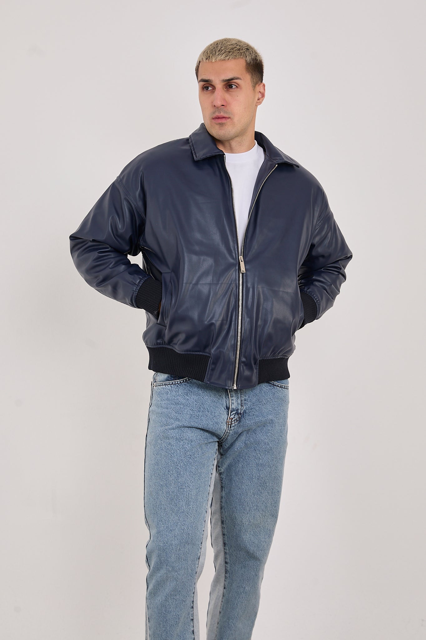 Men’s Faux Leather Minimalist Bomber Jacket  Dark Navy-X2015