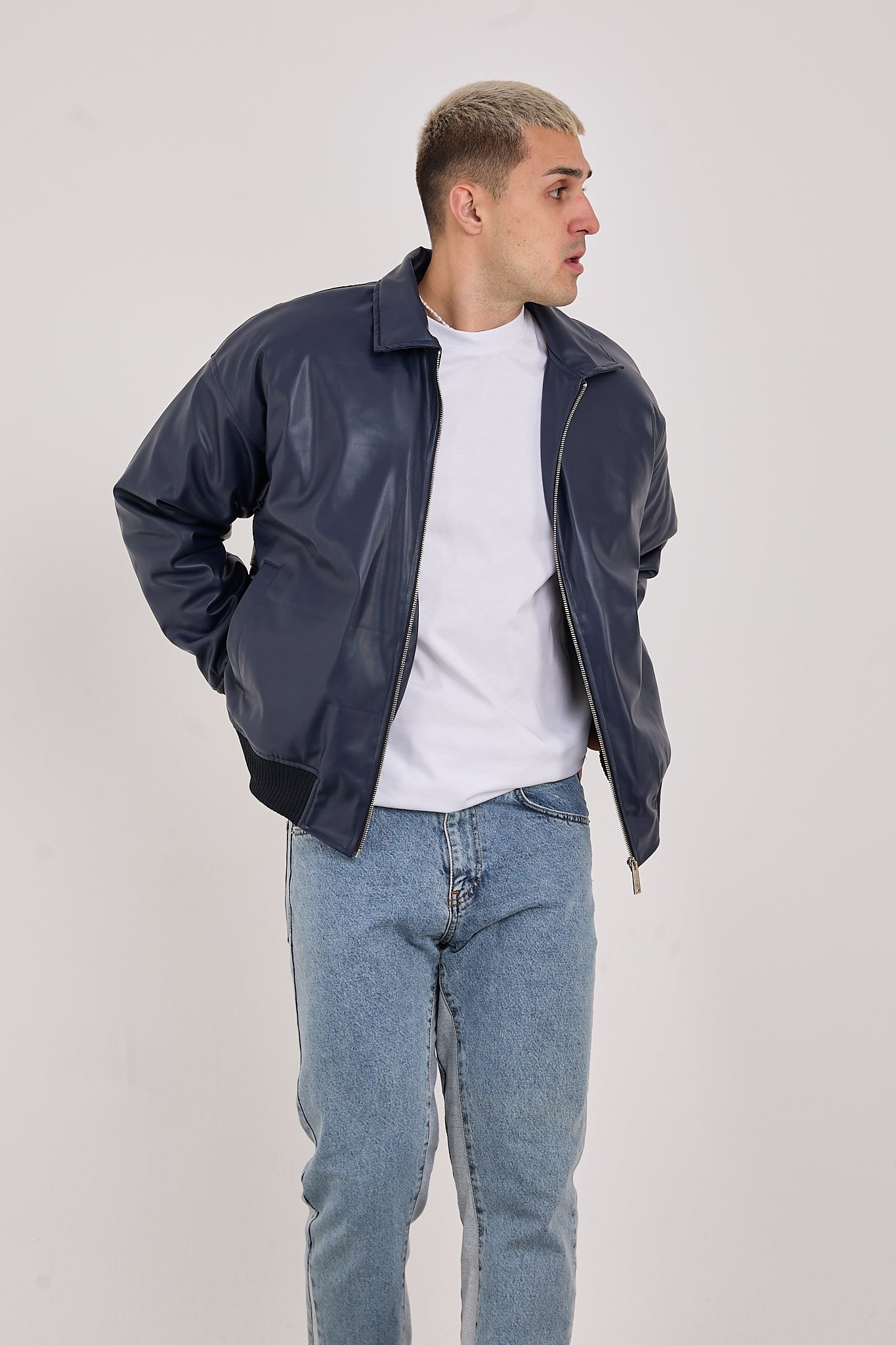 Men’s Faux Leather Minimalist Bomber Jacket  Dark Navy-X2015