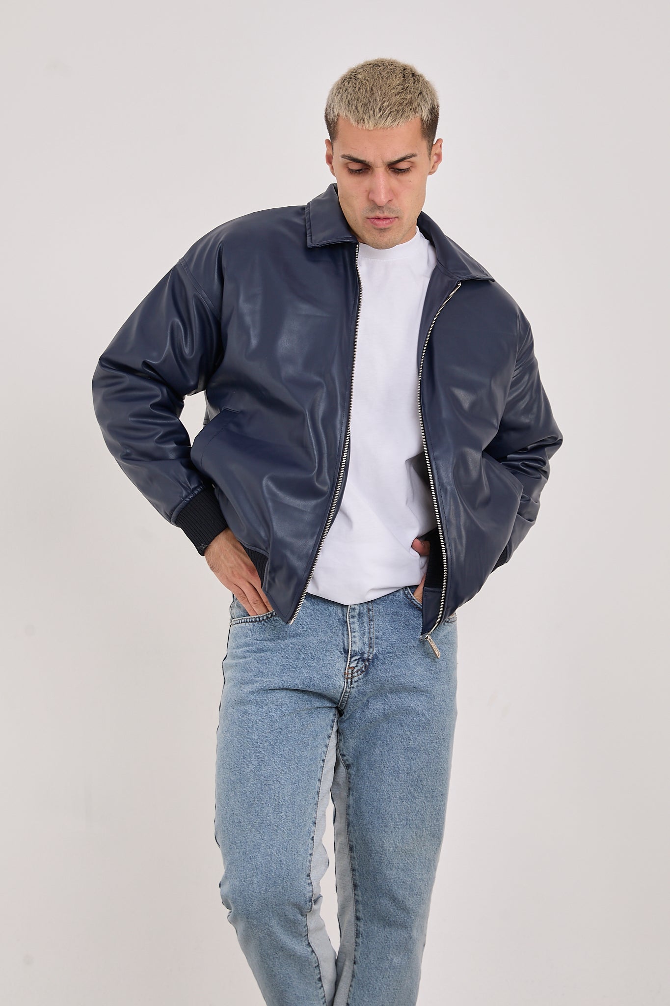 Men’s Faux Leather Minimalist Bomber Jacket  Dark Navy-X2015