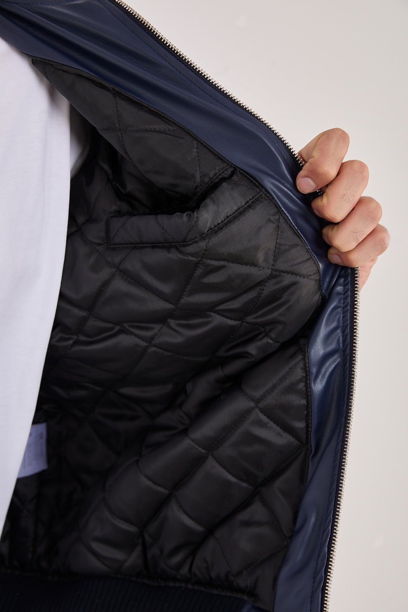 Men’s Faux Leather Minimalist Bomber Jacket  Dark Navy-X2015