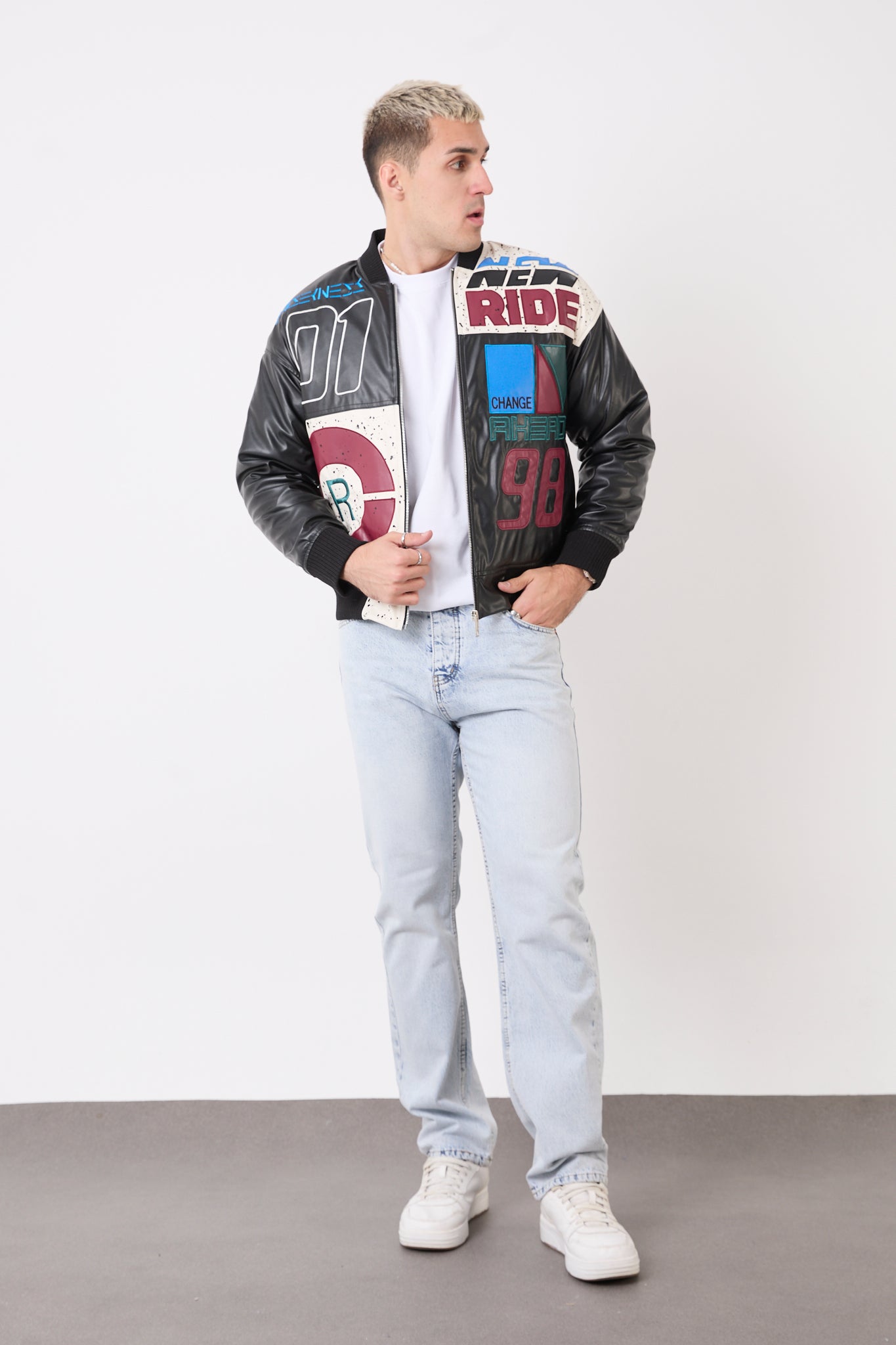 Men’s Black Oversized  Quilted Lined Faux Leather Biker Jacket – R-2477