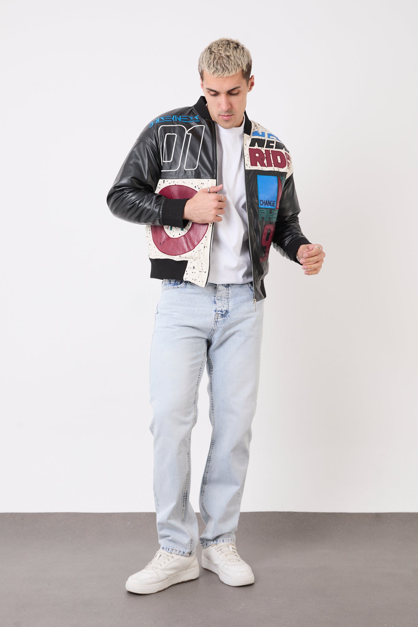 Men’s Black Oversized  Quilted Lined Faux Leather Biker Jacket – R-2477