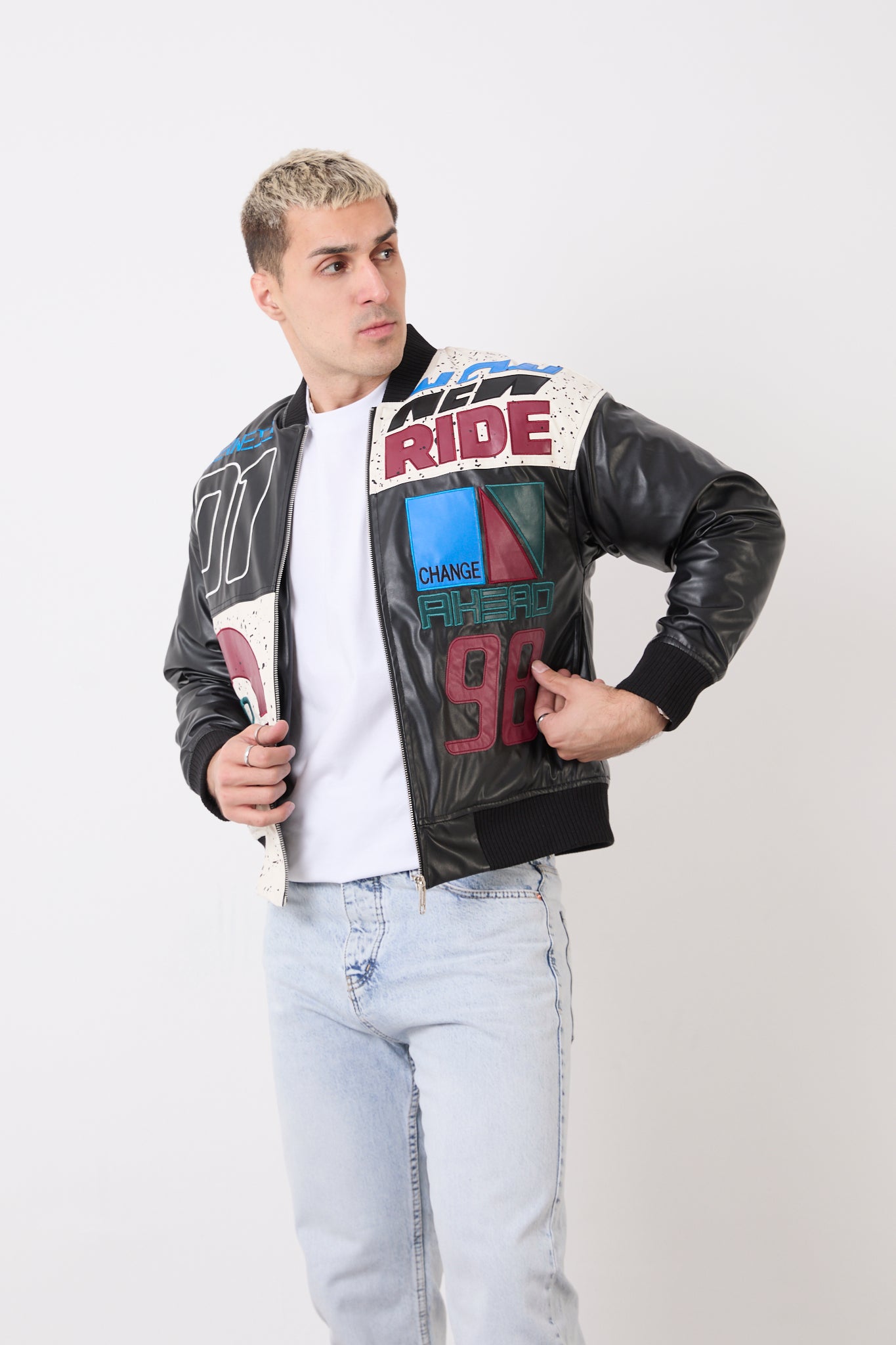 Men’s Black Oversized  Quilted Lined Faux Leather Biker Jacket – R-2477