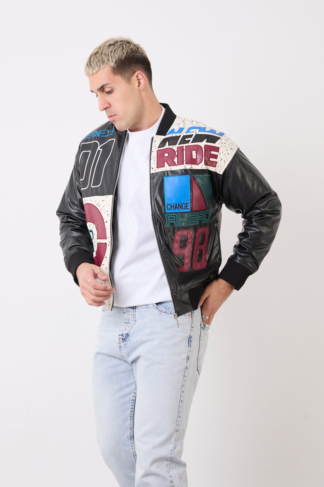 Men’s Black Oversized  Quilted Lined Faux Leather Biker Jacket – R-2477