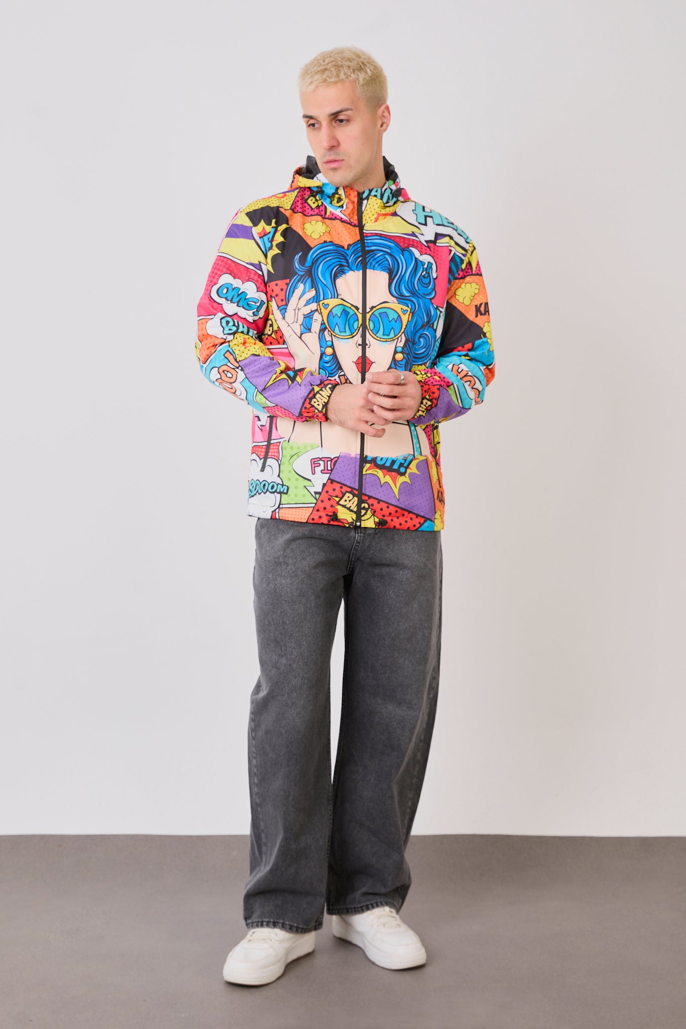 Unisex Comic Style Printed Windbreaker – Lightweight Hooded Pop Art Rain Jacket-R-1919