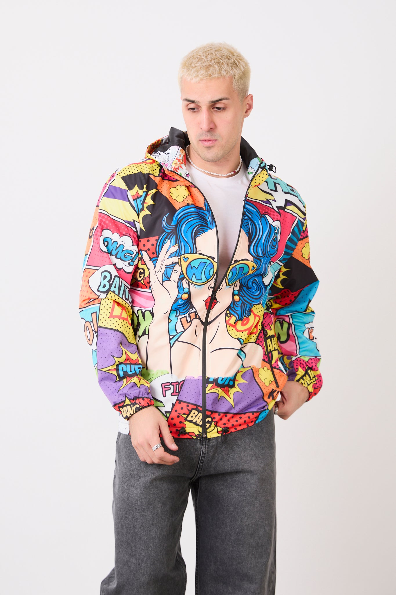 Unisex Comic Style Printed Windbreaker – Lightweight Hooded Pop Art Rain Jacket-R-1919